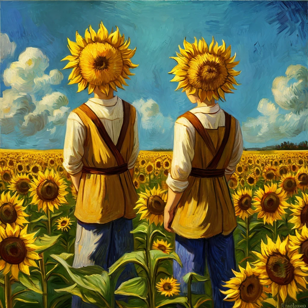Two boy in a sunflower field. oil painting, vincent van gogh style