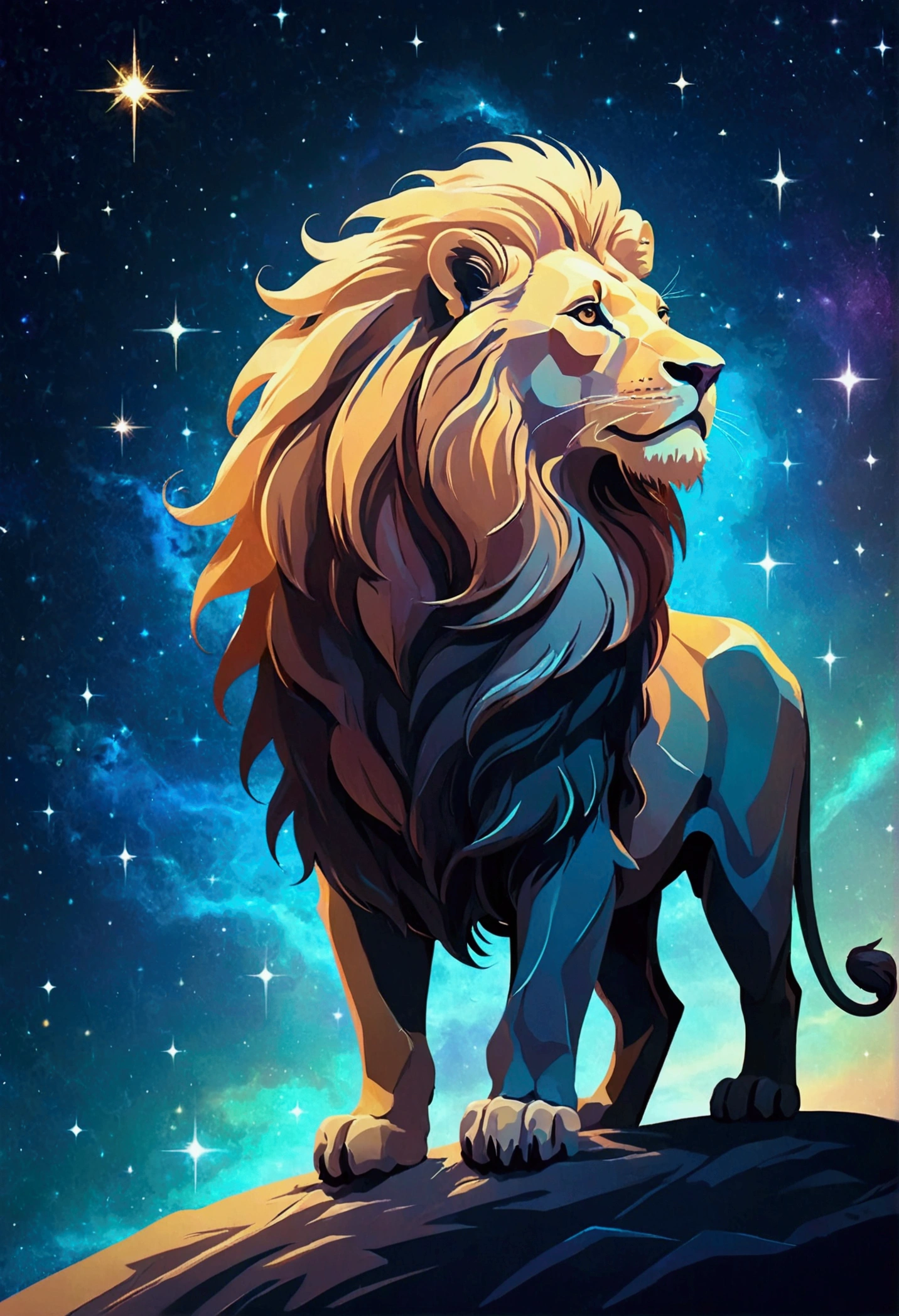 a lion stylized zodiacal symbol ((silhouette)) formed by bright stars. Cosmic background