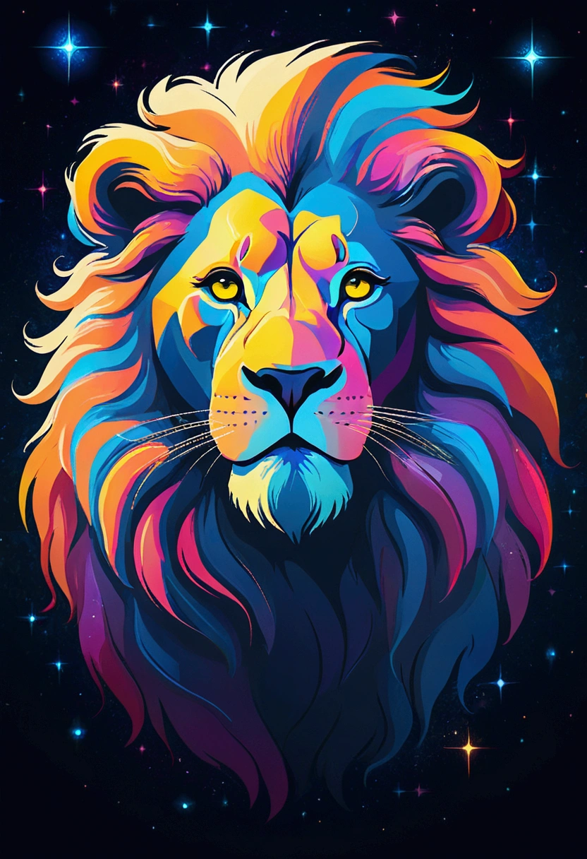a lion stylized zodiacal symbol ((silhouette)) formed by bright stars. Cosmic background