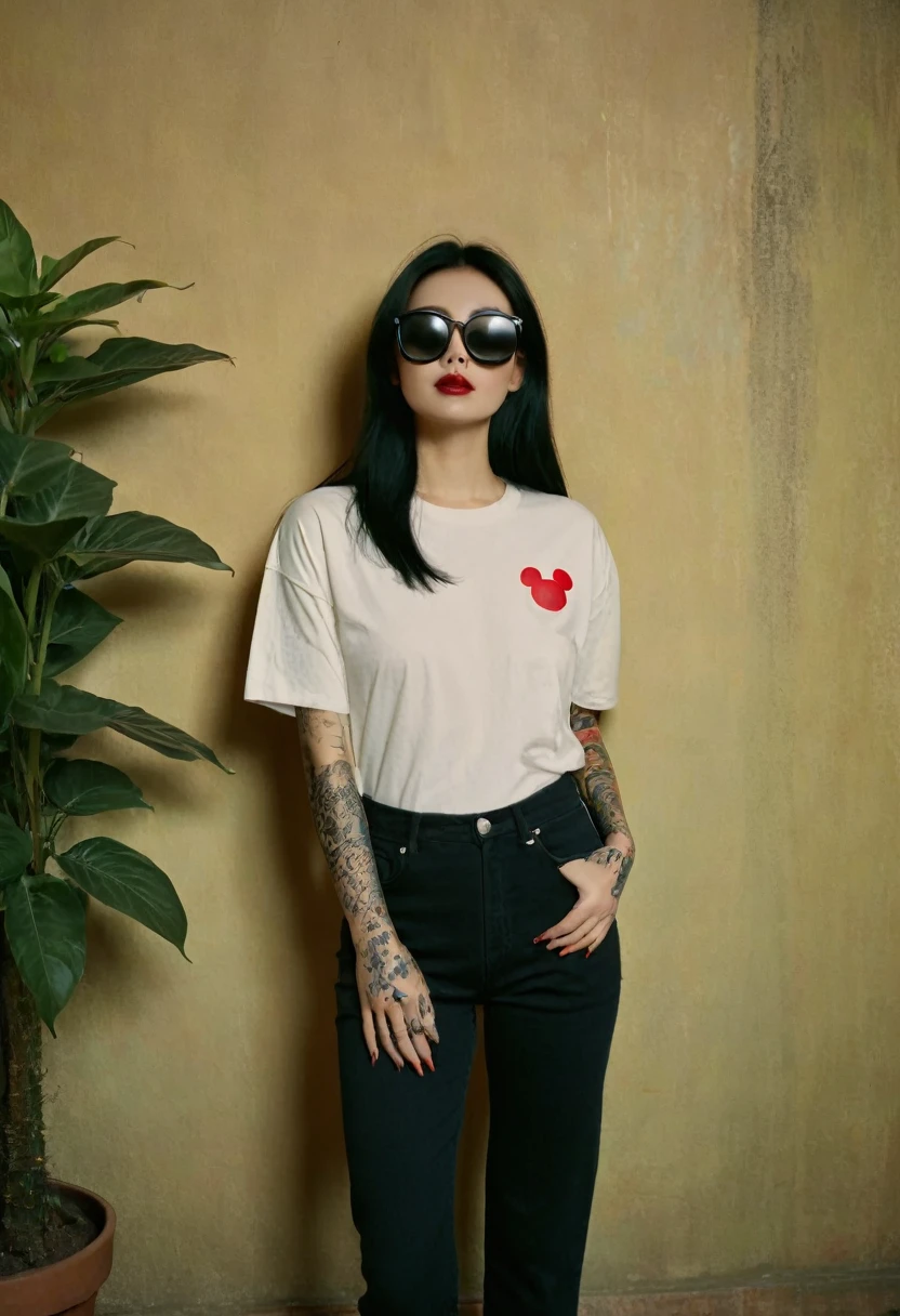 [[highly detailed face]], [[goddess face]], 90s, young woman, dynamic pose, black sunglasses, An Yakuza girl, oversized white Mickey Mouse t shirt and black denim pants, full body image, she is covered in tattoos, long black hair, high quality images, unreal engine, perfect skin texture, goddess face, photo depth of field, shadows, grainy, seductive analog lofi (by Oleg Oprisco Laura Makabresku), wall, dimly lit, potted plant
