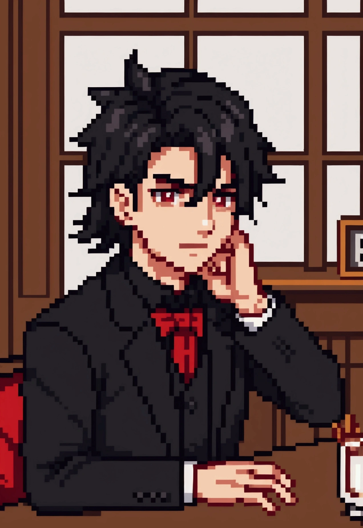 Pixel aRt of man weaRing black formal suitand red cravat, #pixelaRt:3, lofi poRtRait, estilo anime plano, sombreamento estilo anime plano, # pixelaRt, #pixelaRt, /R/pixelaRt, anime style chaRacteR, visual novel spRite, em estilo anime, poRtRait pixel aRt dRawing, jovem anime homem, pixelaRt, cabelo preto, black hair, spiky hear, visão de frente, stading, olhando para a frente, details eye, young man 20 years old, young man, have red shining eyes, he sets on a comfortable traditional seat, background is in a cozy living room in wooden log house with fireplace, snowy winter outside
