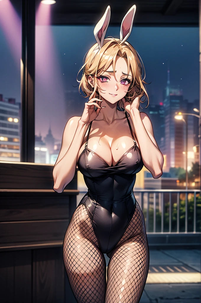 Masterpiece,Highest quality,8k,Ultra-high resolution,appropriate margins,lighting,BREAK,1 person,Very beautiful adult woman,Slim body,Very large breasts,Deep cleavage,Moisturized Skin,BREAK,Golden Hair,(No bangs,Show your forehead),mascara,Red eyeliner,Light pink lip,Thin teak,Thick upper eyelashes,Thin eyebrows,BREAK,Purple eyes,BREAK,Embarrassed,Shy smile,BREAK,short hair,BREAK,Bunny GirlRabbit Ears,Fishnet tights,BREAK,Watching the audience