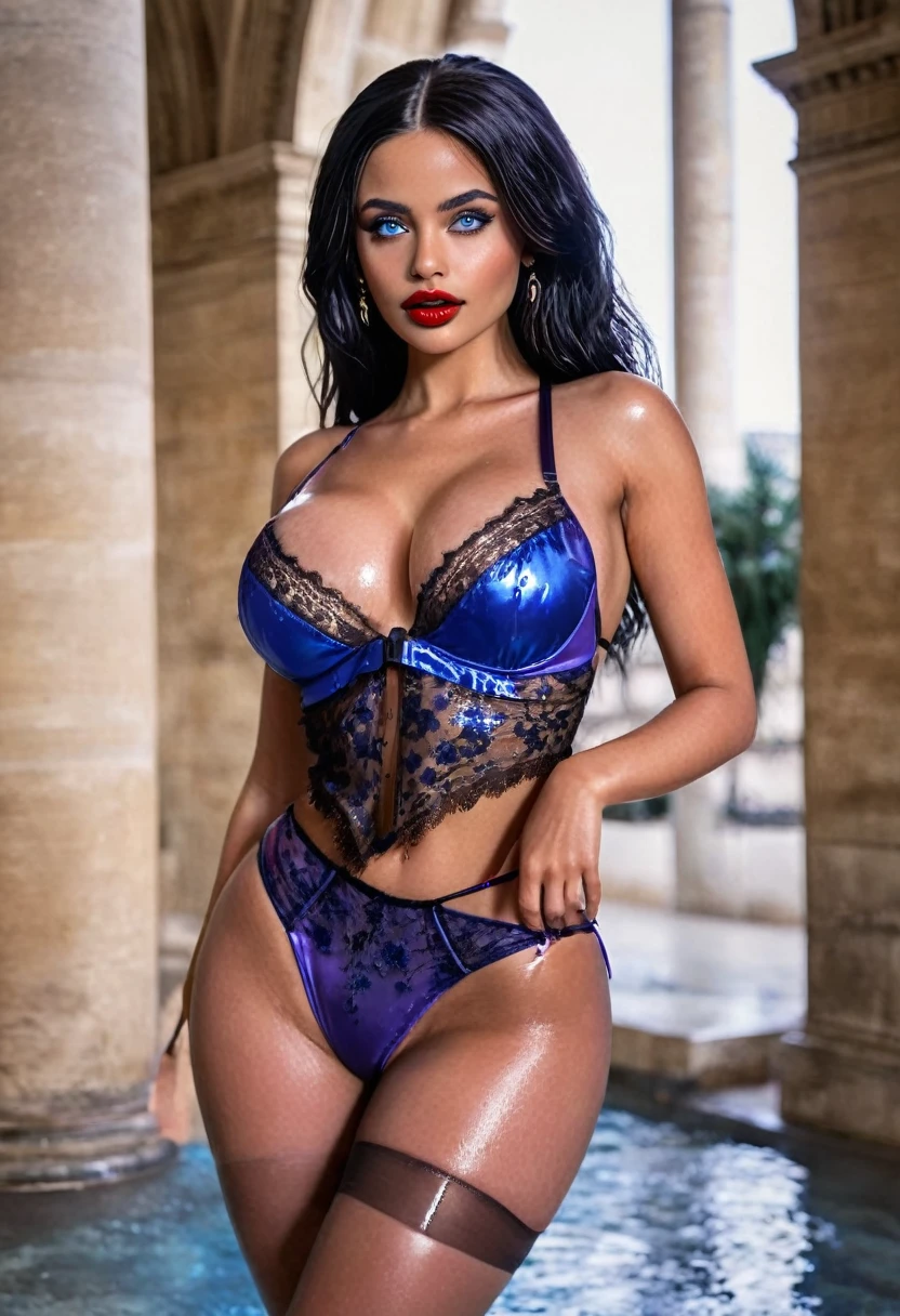 (muste piece, highest quality)((8k)),full body,super detailed,arab girl,black hair,very wide eyebrow ,blue eyes,red lips ,photorealistic,dark bronze shiny skin,beautiful female mode,dark skin, Black woman,Lilac lace bikini,Garter underwear,elegant dress  ,black skin ,wet skin , blue eyes,sweaty skin,horny,in ,louvre museum ,paris , (shiny skin), she is wet and intimate, she has a submissive expression, full body , hyperrealistic, unreal engine 5,Suggested pose, 8K