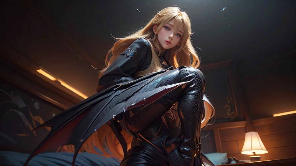 Polychrome,, night, dark, blonde, Show Viewer, In-person audience, Limited Edition Palette, Dragon Background, Shine,(Highly detailed CG Unity 8k wallpaper),(masterpiece), (Highest quality), (Vaporwave Style), (Super detailed), (Best illustrations),(Best Shadow),Perfect lighting , Perfect Anatomy , Vibrant colors、