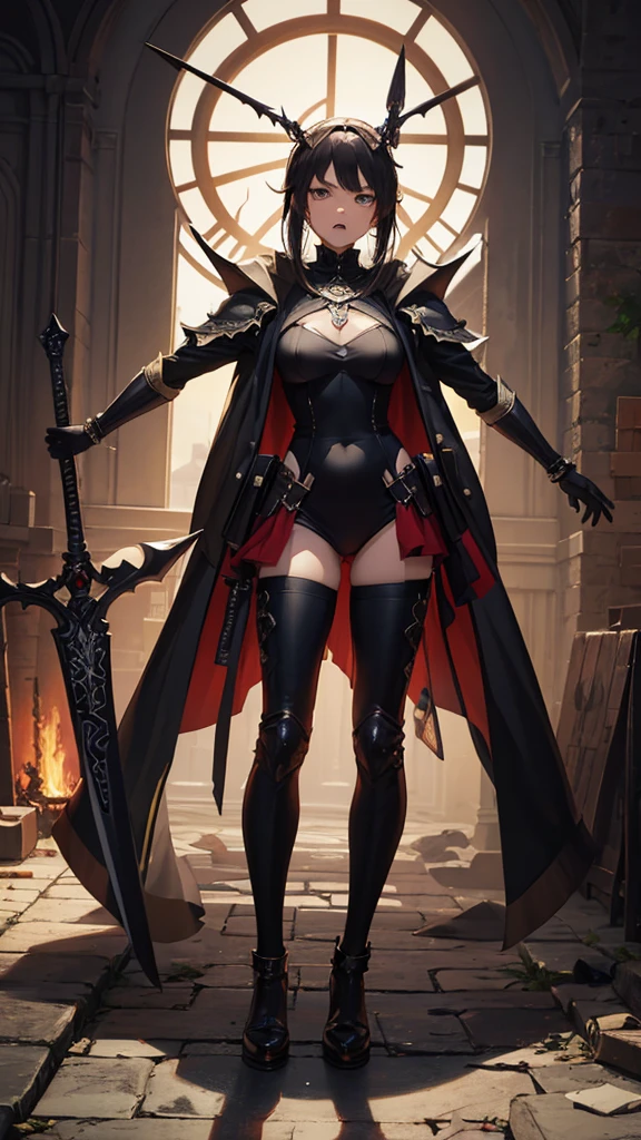 (masterpiece, 4K ,Super detailed:1.2), (anime:1), (Perfect quality), (anger), (((Adult body))), The whole body is shown, View Viewer, Holding a sword, Adult women, tall, Full Body Art, Knight's full plate decorated armor, Silver Cape, Perfect detail, Desperate look, Ultra violent women, Powerfully々And, Muscular