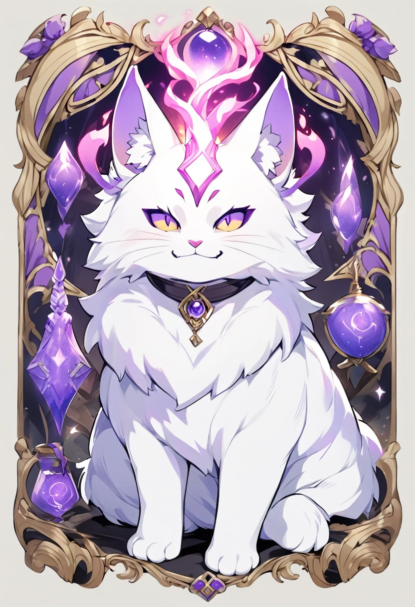 Kato - 400 y.o. familiar. Kato is a familiar - magical animal, that can use magic for his own protection and safety. He represents himself in a vision of a small white cat with fluffy fur and a slight purple colour around it, usually wearing round black sunglasses and smirking to anyone who could see him. His powers shows in ability to cast a special kind of cursed flames, coloured in purple.