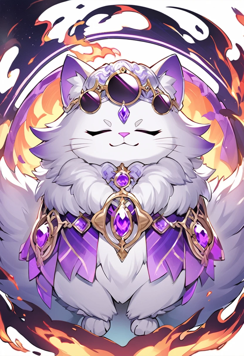 Kato - 400 y.o. familiar. Kato is a familiar - magical animal, that can use magic for his own protection and safety. He represents himself in a vision of a small white cat with fluffy fur and a slight purple colour around it, usually wearing round black sunglasses and smirking to anyone who could see him. His powers shows in ability to cast a special kind of cursed flames, coloured in purple.