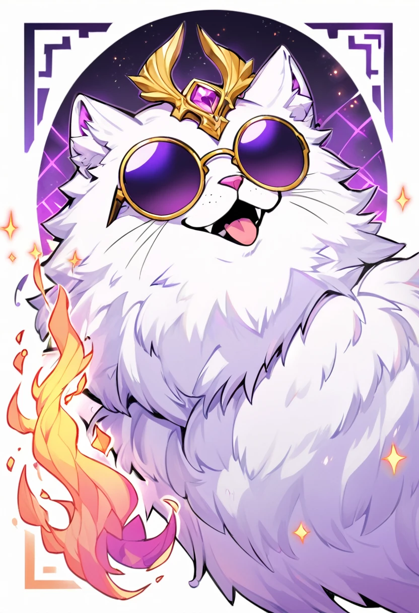 Kato - 400 y.o. familiar. Kato is a familiar - magical animal, that can use magic for his own protection and safety. He represents himself in a vision of a small white cat with fluffy fur and a slight purple colour around it, usually wearing round black sunglasses and smirking to anyone who could see him. His powers shows in ability to cast a special kind of cursed flames, coloured in purple.