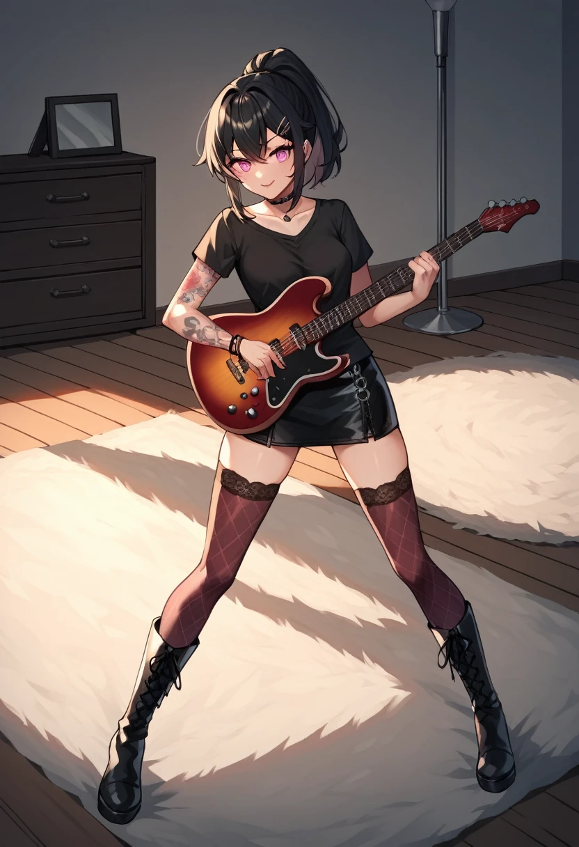 score_9, score_8_up, score_7_up, score_6_up, score_5_up, score_4_up, source_anime, 1woman, стоять на коленях, полный рост, чокер, black hair, ponytail, pink eyes, clean hair, black shirt, leather skirts, plaid stockings, lace-up high boots, platforms, tattoos, electric guitar, колонки, шнур, держать гитару в руках, подключение к колонкам, carpet, leather gloves up to the elbows, rooms, best quality, best res, 4K UHD,