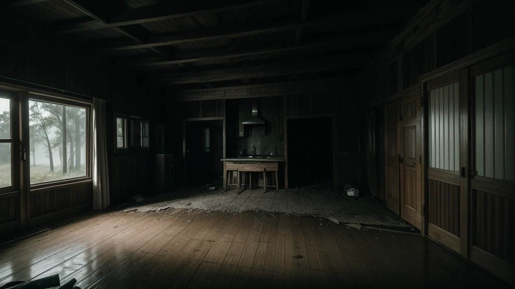 "A dark and unsettling night at a remote rural house. Through partially closed s, a single sinister man is seen at the front door, holding a crowbar. The environment is quiet and menacing, lit only by the faint moonlight filtering through dense trees surrounding the area. The house appears vulnerable, situated in the middle of nowhere, reinforcing the feeling of isolation and fear. The atmosphere of suspense suggests impending danger, focusing on the lone figure and the desolate setting."