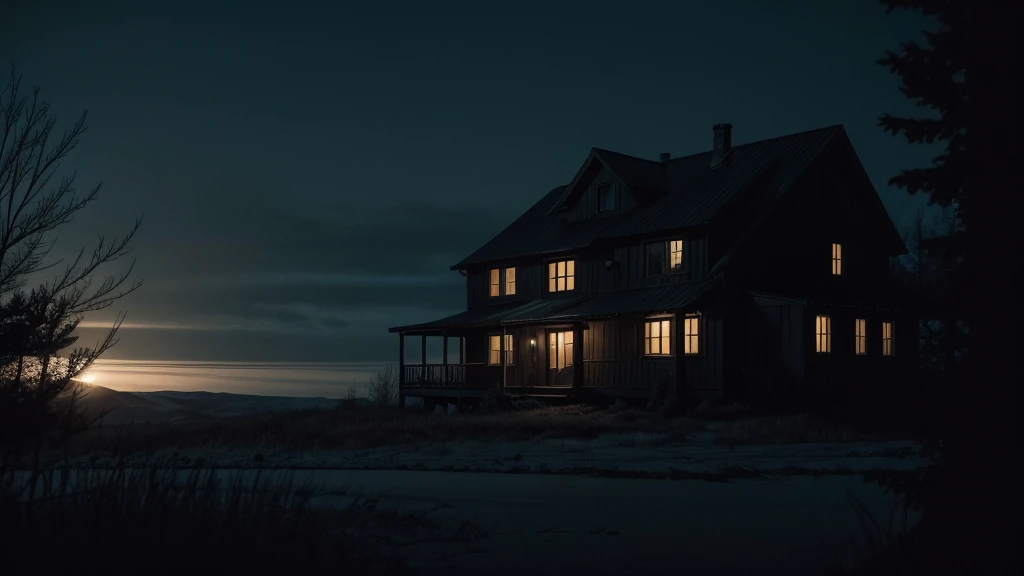 "A dark and unsettling night at a remote rural house. Through partially closed blinds, a single sinister man is seen at the front door, holding a crowbar. The environment is quiet and menacing, lit only by the faint moonlight filtering through dense trees surrounding the area. The house appears vulnerable, situated in the middle of nowhere, reinforcing the feeling of isolation and fear. The atmosphere of suspense suggests impending danger, focusing on the lone figure and the desolate setting."