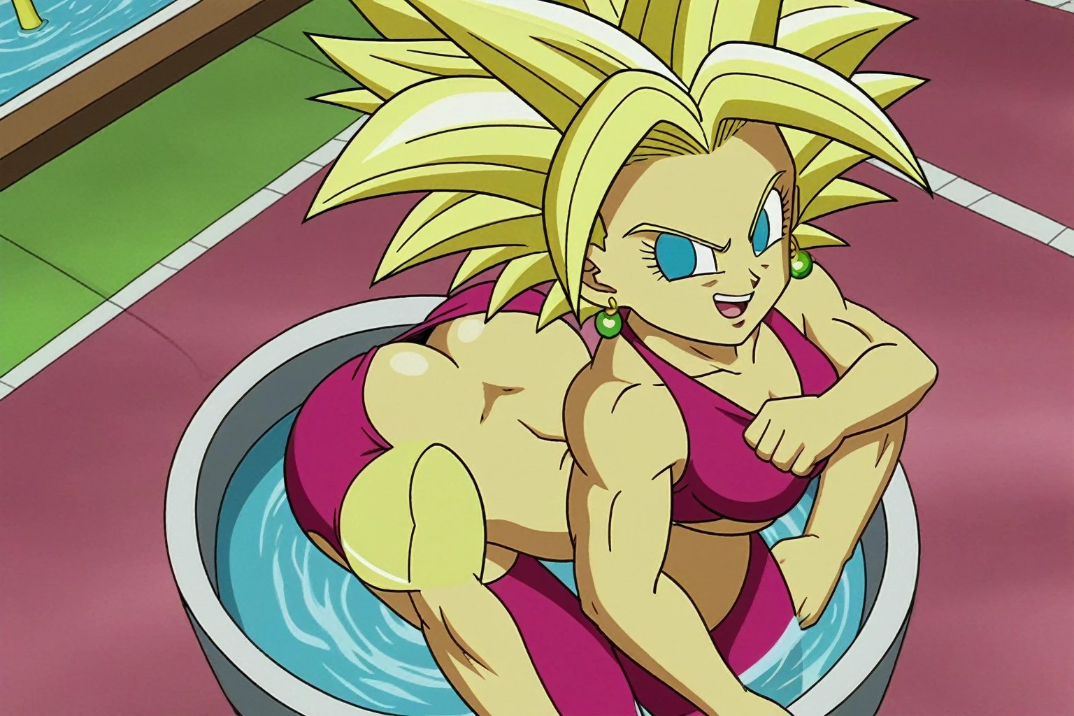 fountain_cheered up, score_9, score_8_above, score_7_above, cheered up screencap,
kefladb, 1 girl, Alone, smile, open mouth, blue eyes, belly button, perfect anatomy, potara earrings, green fur, diaphragm, muscular, ABS, spiky hair, saboveer saiyan, blonde eyebrows, clavicle, below, hands above, eyebrows, eyelashes, cowboy shot, green sky, no paboveils, medium_old, shadow, standing, toned, v-shaped eyebrows, Whole body, showing buttocks, showing crack in butt, sexy bikini, Wide hips, pechos mediums, trasero medium, Whole body, vagina, tits, showing ass, Exposed ass, tilted clavicle
 