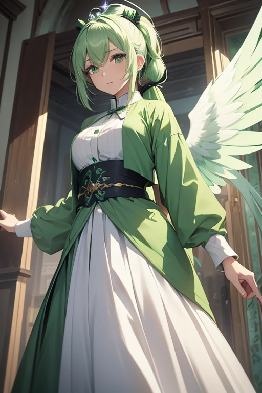 goddess(green pony tail hair, long sleeve, green long skirt), white cardigan
