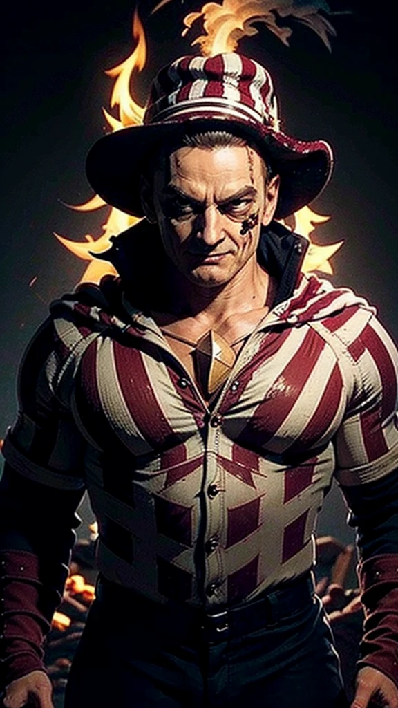 Depict Freddy Krueger with his signature burned face, striped sweater, and glove with razor blades. He should be standing in a dark, eerie boiler room with shadows and steam, with his menacing grin and predatory stance.
