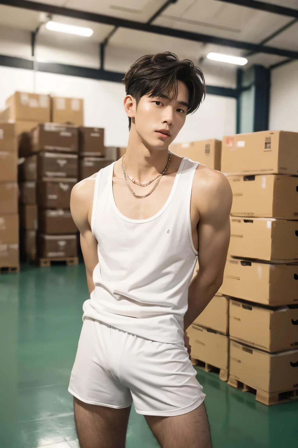 1 most handsome Korean man,,Fashion model studying sports,One man wore a white tank top. and white sports shorts, Take photos in a remote warehouse,His hands were tied behind his back.。His hands were tied behind his back.,Masculine and handsome,high,The muscles look good.,,Wheat skin,black eyes(Thin eyes 1:3),Whole body image