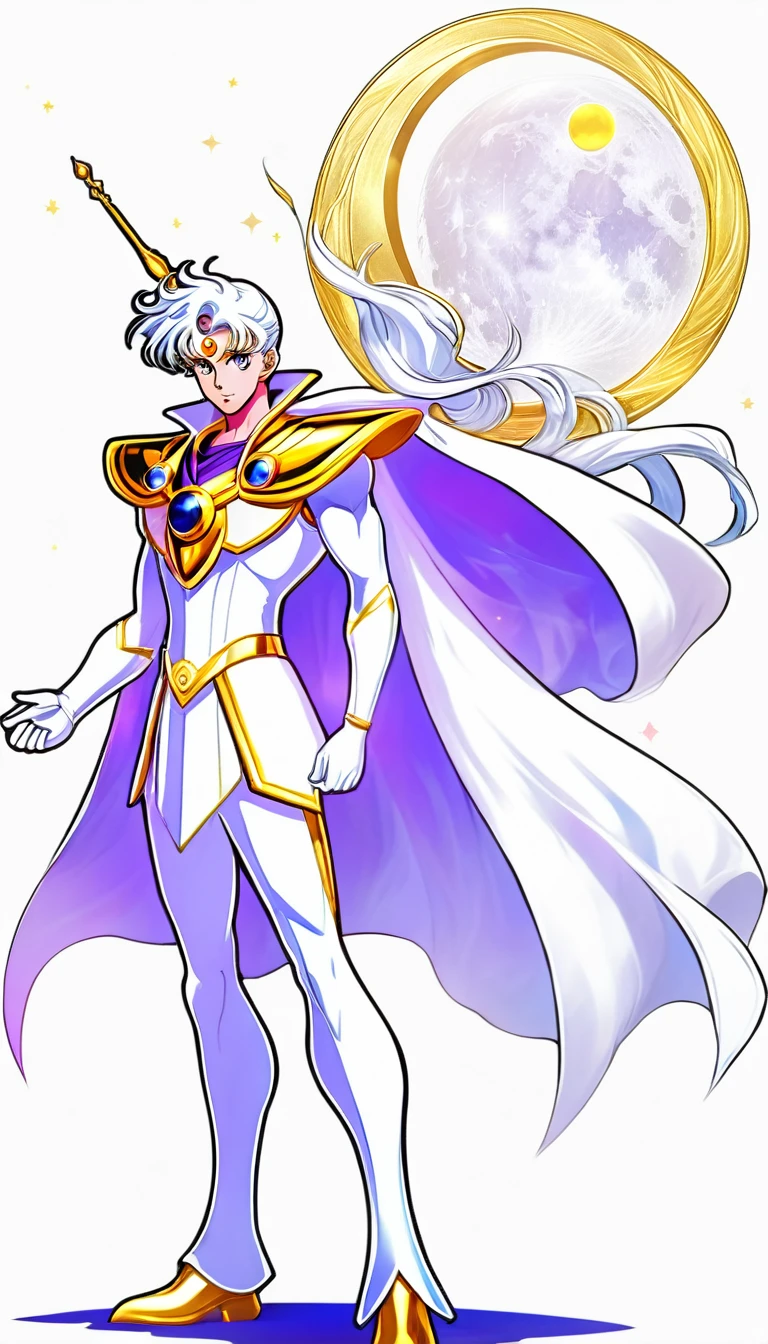 (absurdres, highres, ultra detailed, HDR), sailor cosmos male version, masterpiece, best quality, "Sailor moon cosmos guardians" Character handsome boy in white and purple outfit, long down pony tail hair, wearing long white cape, white hair, white top with gold lines, white pants with white bots, in hands universe moon white wings scepter, long scepter, in his forehead gold moon symbol, White gloves up to his elbows, with full body, realistic picture, 