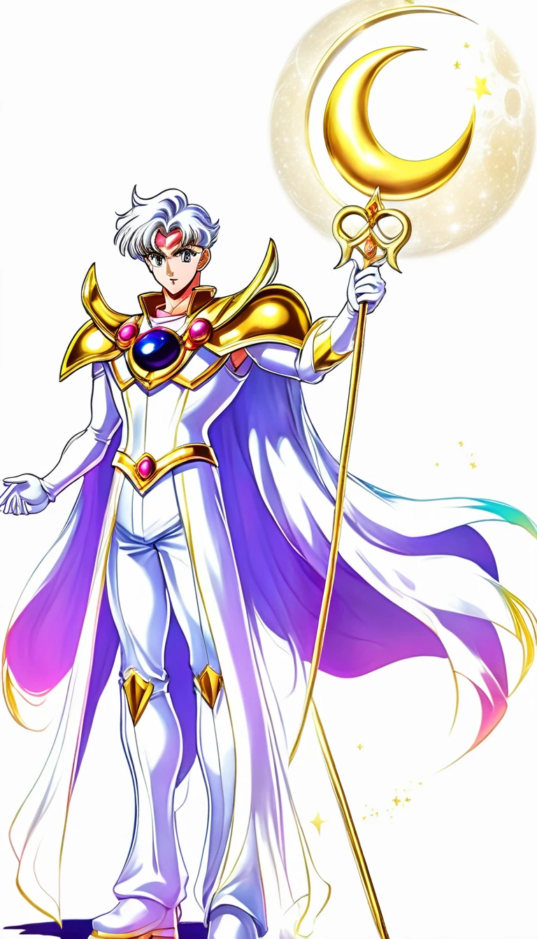(absurdres, highres, ultra detailed, HDR), sailor cosmos male version, masterpiece, best quality, "Sailor moon cosmos guardians" Character handsome boy in white and purple outfit, long down pony tail hair, wearing long white cape, white hair, white top with gold lines, white pants with white bots, in hands universe moon white wings scepter, long scepter, in his forehead gold moon symbol, White gloves up to his elbows, with full body, realistic picture,
