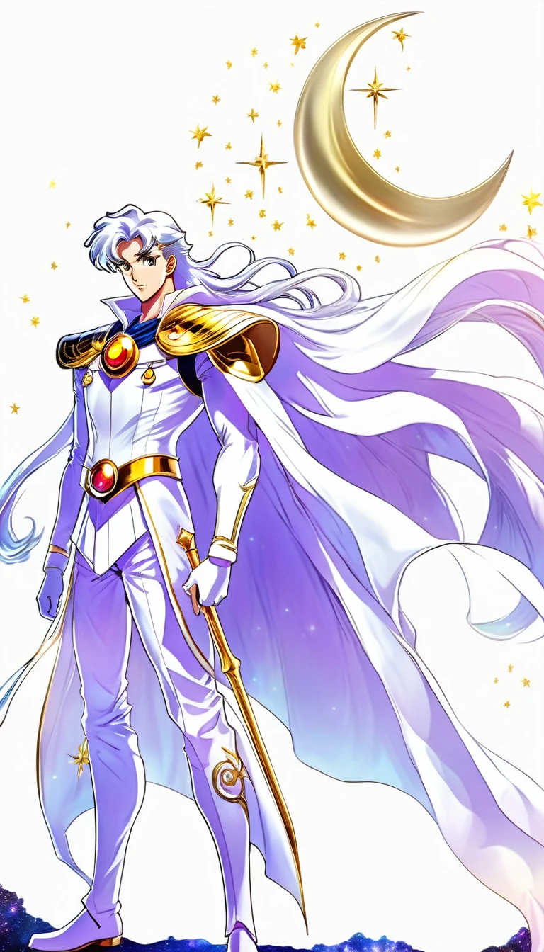 (absurdres, highres, ultra detailed, HDR), sailor cosmos male version, masterpiece, best quality, "Sailor moon cosmos guardians" Character handsome boy in white and purple outfit, long down pony tail hair, wearing long white cape, white hair, white top with gold lines, white pants with white bots, in hands universe moon white wings scepter, long scepter, in his forehead gold moon symbol, White gloves up to his elbows, with full body, realistic picture,