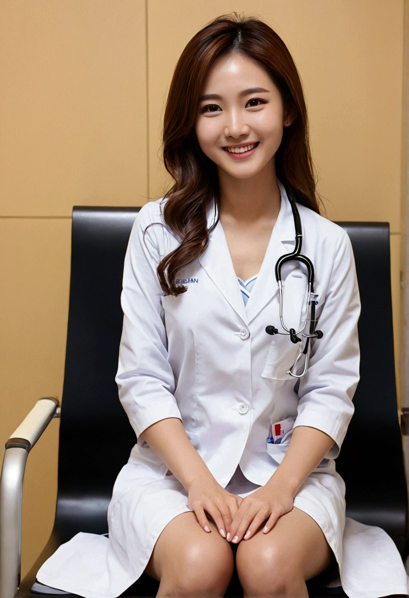 Female doctor wearing a white coat、1men and women、(Smile:1.1)、Slim face、The most beautiful women in the world、Ultra detailed face、Detailed eyes、double eyelid、Kamimei、Perfect Teeth、Perfect Teeth並び、(Glowing Skin)、(Sunburned skin)、(Realistic Skin)、Blurred Background、Whole Body Ezbian、frontage、Slim face、Light-colored clothing、Sit in a chair in the exam room、Put on a stethoscope、From above、Long skirt、Lift up your skirt、Panties visible through the skirt、Beautiful Hair、I can see her cleavage、Full body pose、(Pure Eros Face_v1:0.8)、Small Face、smile、Sexy、Hide your hands,Spread your legs、