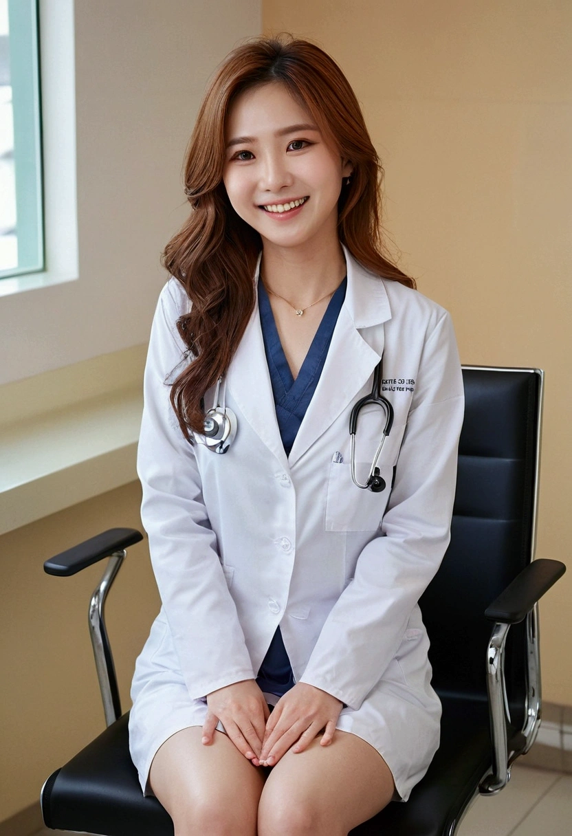 Female doctor wearing a white coat、1men and women、(Smile:1.1)、Slim face、The most beautiful women in the world、Ultra detailed face、Detailed eyes、double eyelid、Kamimei、Perfect Teeth、Perfect Teeth並び、(Glowing Skin)、(Sunburned skin)、(Realistic Skin)、Blurred Background、Whole Body Ezbian、frontage、Slim face、Light-colored clothing、Sit in a chair in the exam room、Put on a stethoscope、From above、Long skirt、Lift up your skirt、Panties visible through the skirt、Beautiful Hair、I can see her cleavage、Full body pose、(Pure Eros Face_v1:0.8)、Small Face、smile、Sexy、Hide your hands,Spread your legs、