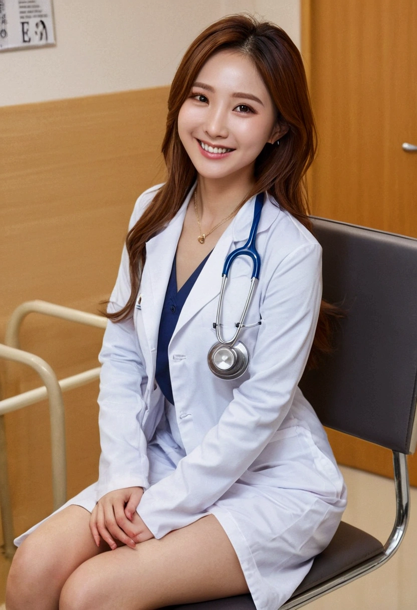 Female doctor wearing a white coat、１men and women、(Smile:1.1)、Slim face、The most beautiful women in the world、Ultra detailed face、Detailed eyes、double eyelid、Kamimei、Perfect Teeth、Perfect Teeth並び、(Glowing Skin)、(Sunburned skin)、(Realistic Skin)、Blurred Background、Whole Body Ezbian、frontage、Slim face、Light-colored clothing、Sit in a chair in the exam room、Put on a stethoscope、From above、Long skirt、Lift up your skirt、Panties visible through the skirt、Beautiful Hair、I can see her cleavage、Full body pose、(Pure Eros Face_v1:0.8)、Small Face、smile、Sexy、Hide your hands,Spread your legs、