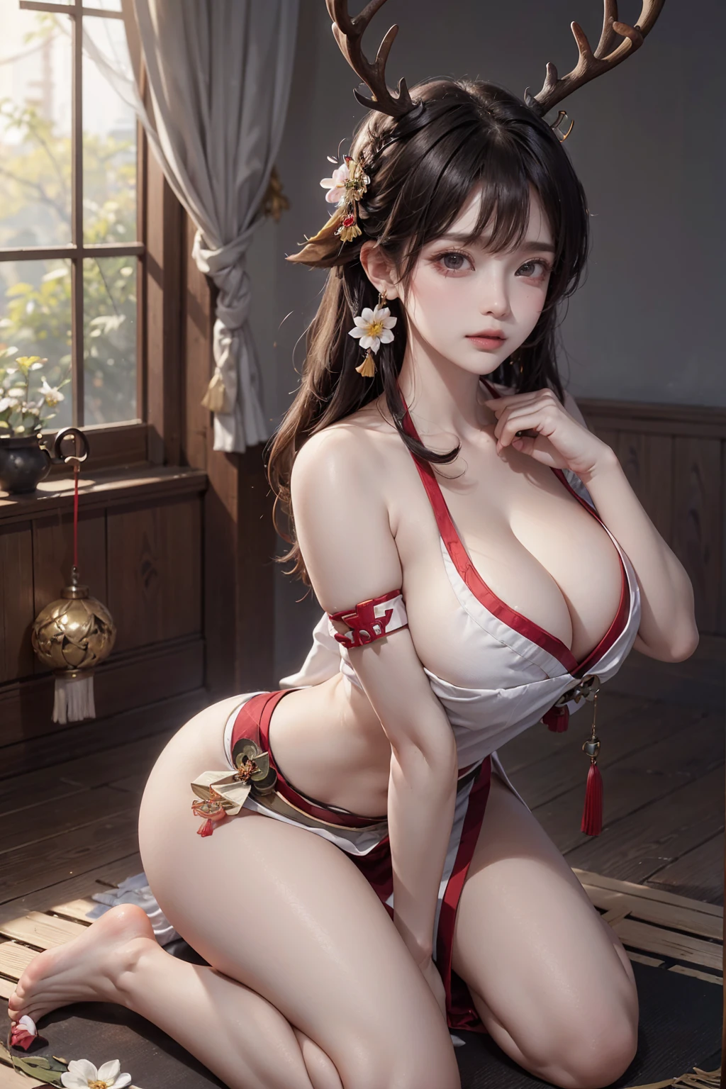 ((16K)),(masterpiece:1.3, Highest quality, Ultra-high resolution, Super detailed), (Realistic, photoRealistic:1.4), Perfect lighting, colorful, Depth of written boundary, Browsing Caution, Surrealism,Face Light,((reindeer horns animal ears)), ((Deer antlers grow from their heads:1.2)),((paw pose:1.2)),fist,(( large breasts:1.4)),Beautiful detailed hair,((Beautiful eyelashes)), Beautifully detailed face, Beautiful fine details, Beautiful clavicle, Beautiful body, thin脚,Beautiful breasts, Beautiful feet, Beautiful Hands, Cleavage, Pointed Chest, thin, 1 girl, 21 years old,Perfect Face, Long eyelashes,Perfect Anatomy, Supermodel with a long neck,((Skinny1.3)),looking at the camera,(Perfect Anatomy,Anatomically correct, Highly detailed skin), Shiny skin,((beautiful girl:1.1)),(Mid-length hair:1.4, Wavy Hair:1.2 :Black Hair) ,See-through bangs,Dainty facial structure, ((Surprised:1.3)),((wariza)), ((wearing nontraditional miko:1.3)),Short length, Generate an image of a beautiful morning forest. The scene should include lush green trees and foliage, with a variety of colorful flowers in bloom. The atmosphere should be tranquil and serene, with beams of sunlight filtering through the trees and a slight mist in the air, ((Long Shot)),
