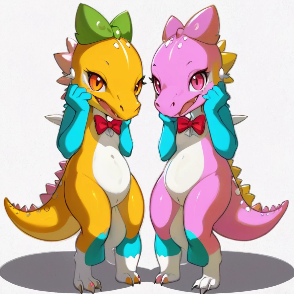 two cartoon dinosaurs with bows on their heads, one is talking on the phone, cute pokemon style, ambos laughing, Beautiful ajolote, SFW version, buizel and human fusion, beautiful colorful adorable, Twins, Beautiful work of art, laughing, digimon glamorous angelic woman, beautiful digital art, Guggimon, adult pair of Twins