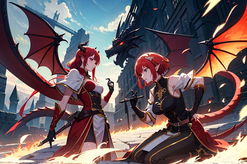 Women with dragon horns, wings and tail, attractive, women with dragon features, redheads, warriors anime medieval style isekai