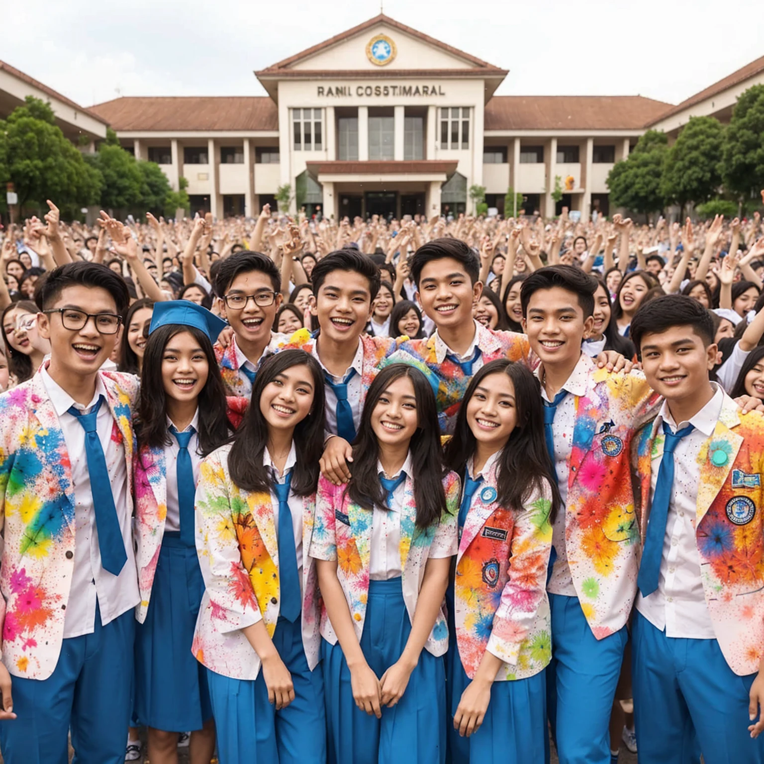 a group of 20 year old Indonesian youths standing next to each other, consisting of 8 people; 4 women long haired and 4 men short haired, wearing high school uniforms; white shirt, tie, light blue trousers, colorful splash uniforms, they are celebrating school graduation, they are happy and laughing, thousands of students celebrating graduation in the background, colorful paper fireworks and colorful splash effects add to the festivity, UHD 4K.
