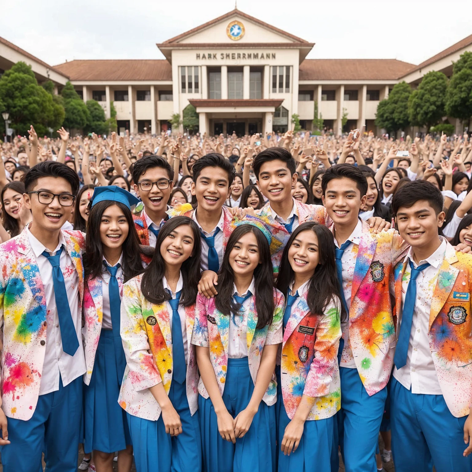 a group of 20 year old Indonesian youths standing next to each other, consisting of 8 people; 4 women long haired and 4 men short haired, wearing high school uniforms; white shirt, tie, light blue trousers, colorful splash uniforms, they are celebrating school graduation, they are happy and laughing, thousands of students celebrating graduation in the background, colorful paper fireworks and colorful splash effects add to the festivity, UHD 4K.