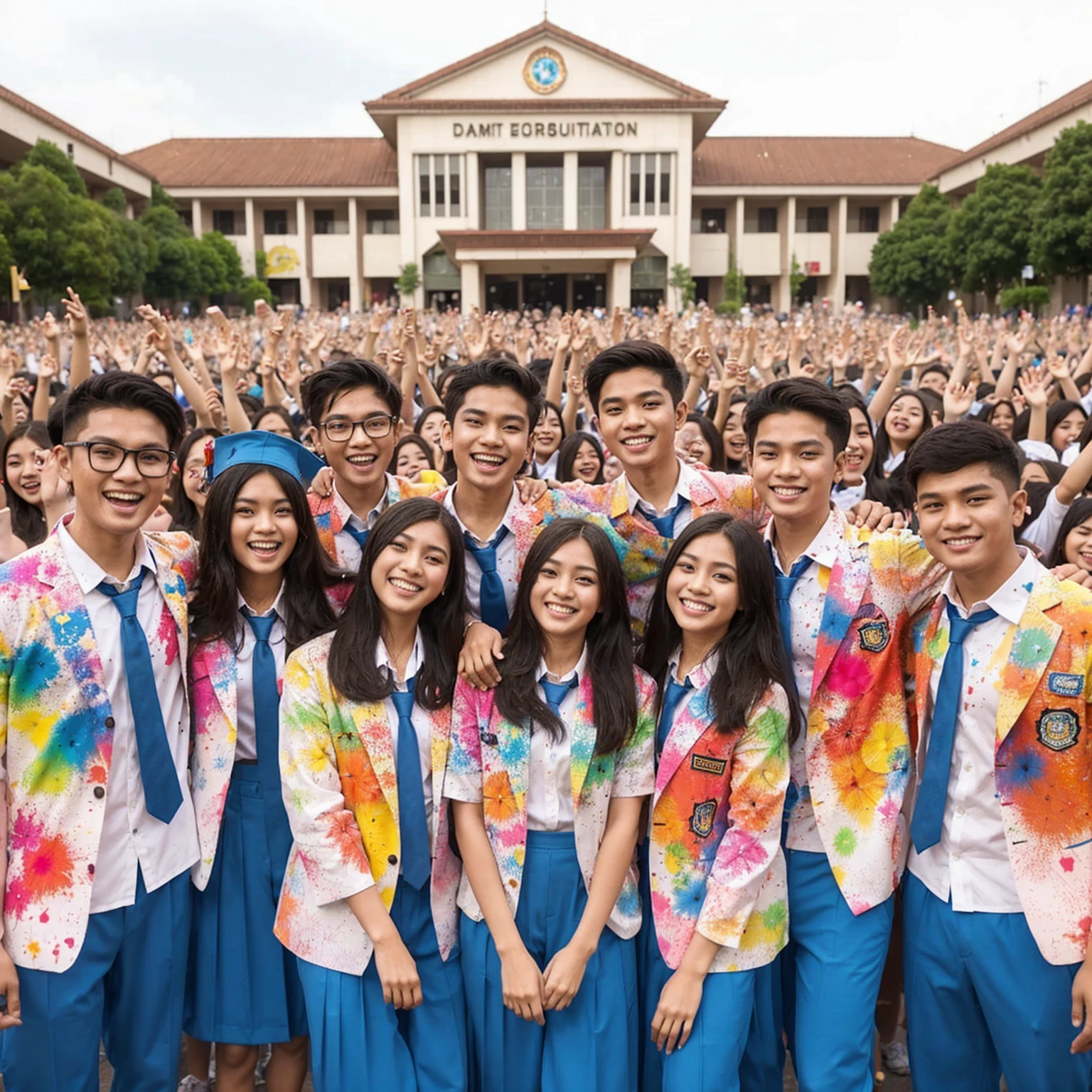 a group of 20 year old Indonesian youths standing next to each other, consisting of 8 people; 4 women long haired and 4 men short haired, wearing high school uniforms; white shirt, tie, light blue trousers, colorful splash uniforms, they are celebrating school graduation, they are happy and laughing, thousands of students celebrating graduation in the background, colorful paper fireworks and colorful splash effects add to the festivity, UHD 4K.