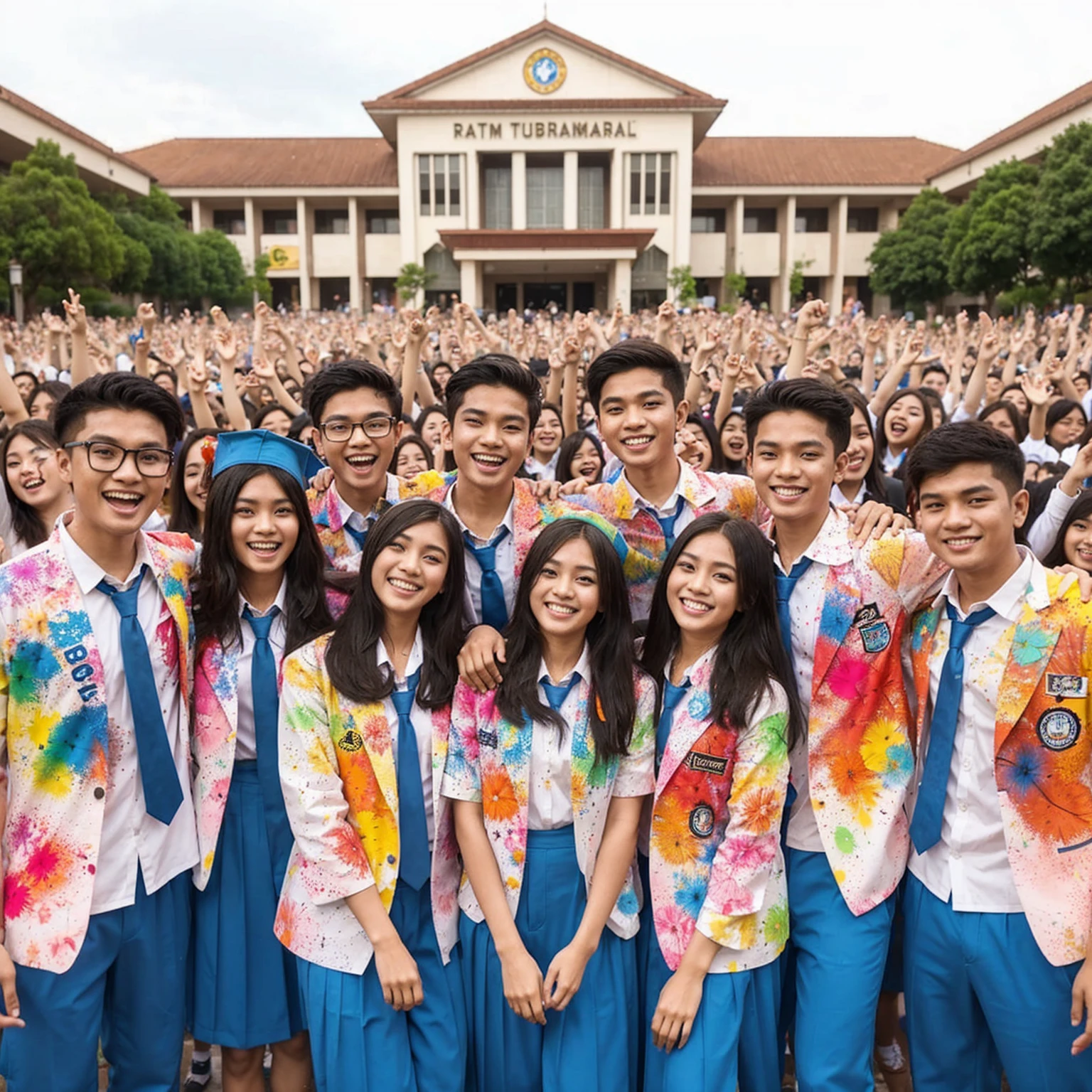 a group of 20 year old Indonesian youths standing next to each other, consisting of 8 people; 4 women long haired and 4 men short haired, wearing high school uniforms; white shirt, tie, light blue trousers, colorful splash uniforms, they are celebrating school graduation, they are happy and laughing, thousands of students celebrating graduation in the background, colorful paper fireworks and colorful splash effects add to the festivity, UHD 4K.
