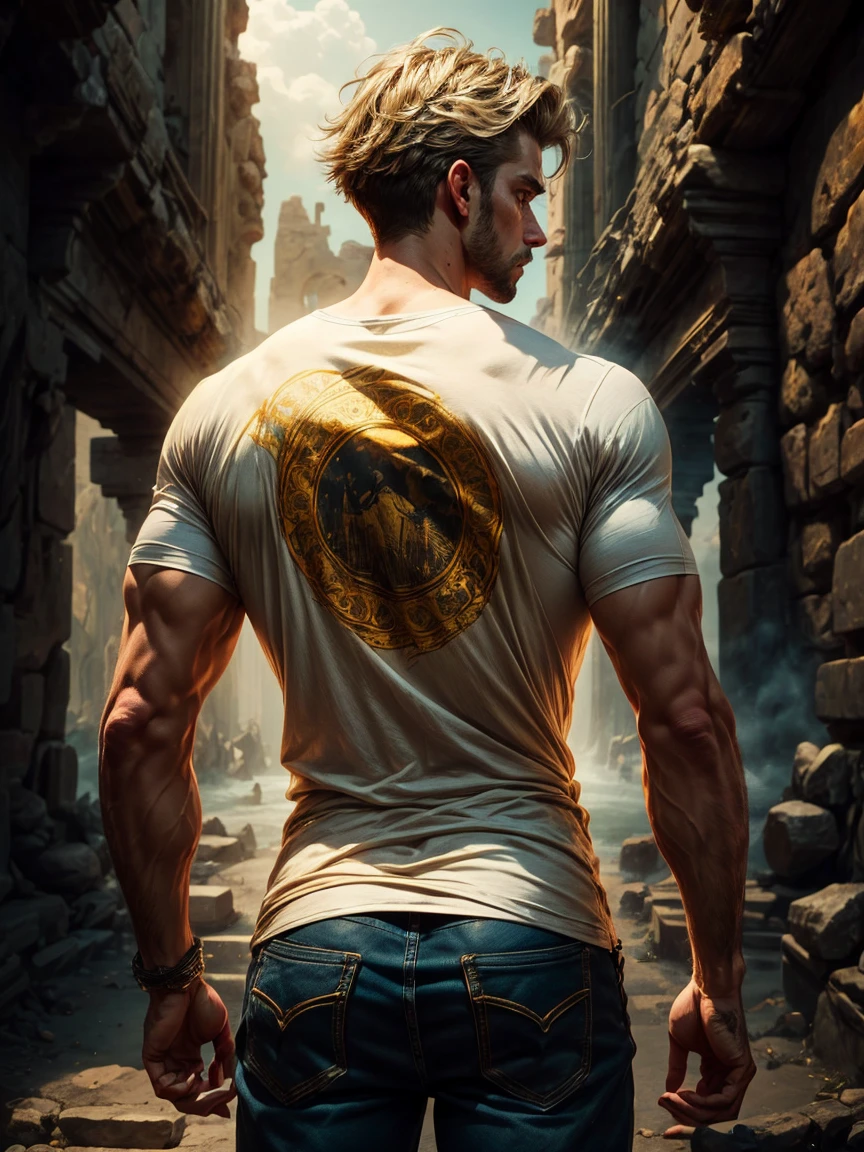 In the foreground, Young male, an attractive man with an enigmatic and treacherous look, cheveux blonds, yellow eyes, yellow skin, a full back image looking at the camera. ancient and biblical vertigo. hyper realistic, cinematic, tee shirt blanc, pantalon beige
