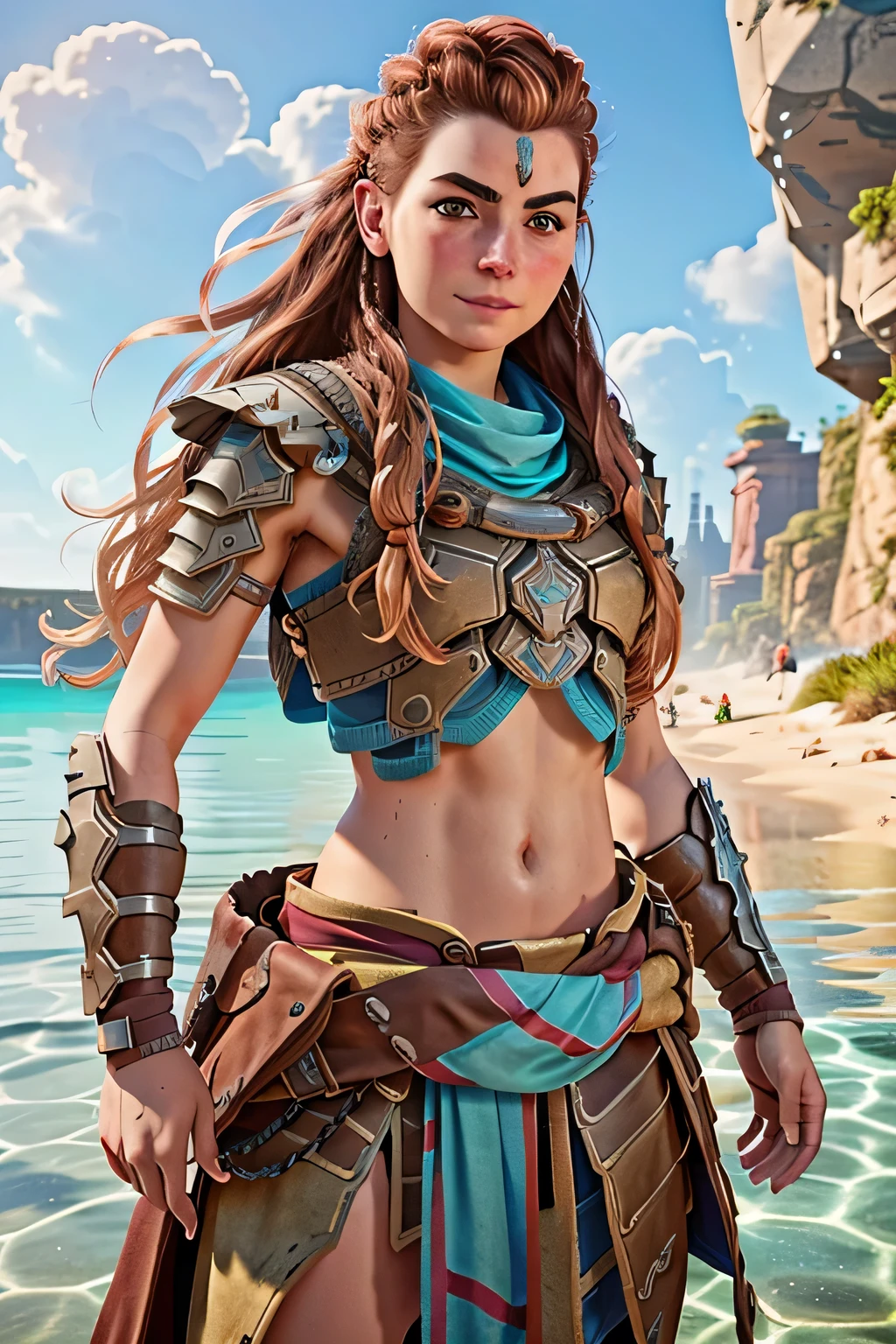 (masterpiece, best quality)
1girl, AloyHorizon, solo, long hair, smile, brown hair, hair ornament, navel, brown eyes, weapon, braid, outdoors, parted lips, sky, day, midriff, sword, cloud, red hair, water, from behind, armor, blue sky, lips, looking to the side, tattoo, ocean, looking away, thick eyebrows, shoulder armor, sheath, rope, freckles, hand in own hair, rock, realistic, nose, dreadlocks