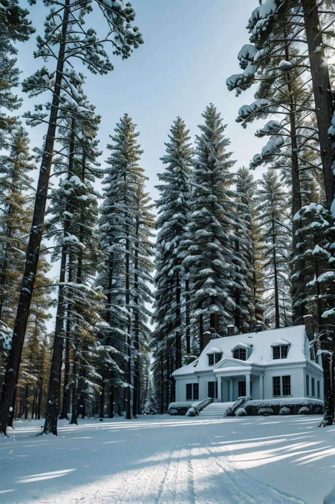 Landscape of a large white house in a snowy forest among fir trees