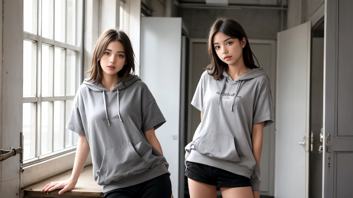 deux femmes ensemble de 18 ans sexy et mince , gray short sleeve hoodie , salle de classe, se touche,position sey,sensuel