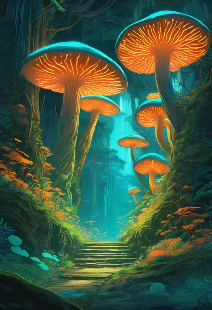 Silk Mushroom Cliffs, Countless layers of canopy and silk jungle vines creating a multi leveled mushroom shelf of bioluminescent alien night, Bioluminescent silk jungle canopy, Turquoise and orange color scheme only, Turquoise and orange colors only, Turquoise and orange, Made in Abyss, Stormlight Archive, Studio Ghibli, Anime Key Visual, by Makoto Shinkai, Deep Color, Intricate, 8k resolution concept art, Natural Lighting, Beautiful Composition