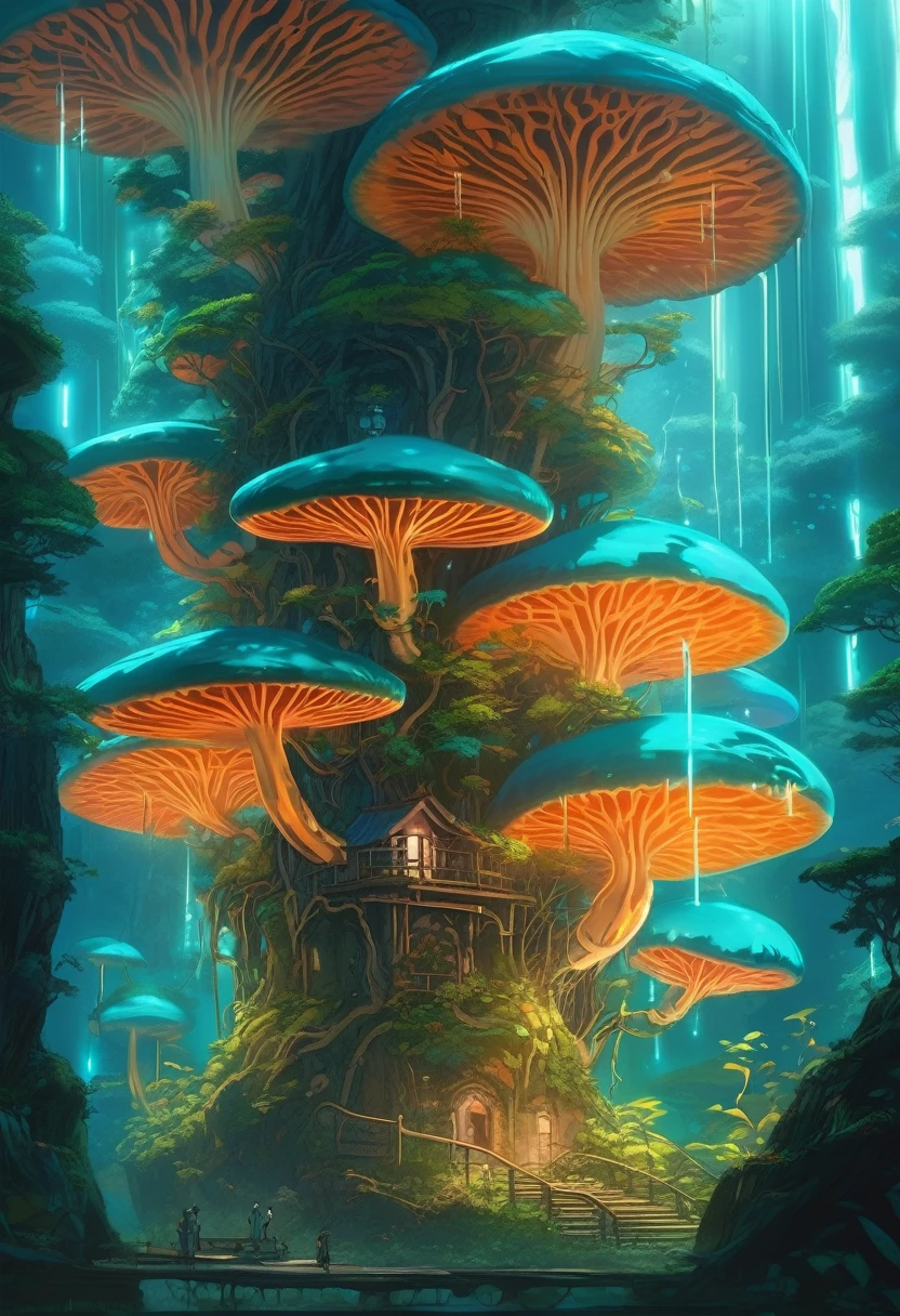 Silk Mushroom Cliffs, Countless layers of canopy and silk jungle vines creating a multi leveled mushroom shelf of bioluminescent alien night, Bioluminescent silk jungle canopy, Turquoise and orange color scheme only, Turquoise and orange colors only, Turquoise and orange, Made in Abyss, Stormlight Archive, Studio Ghibli, Anime Key Visual, by Makoto Shinkai, Deep Color, Intricate, 8k resolution concept art, Natural Lighting, Beautiful Composition