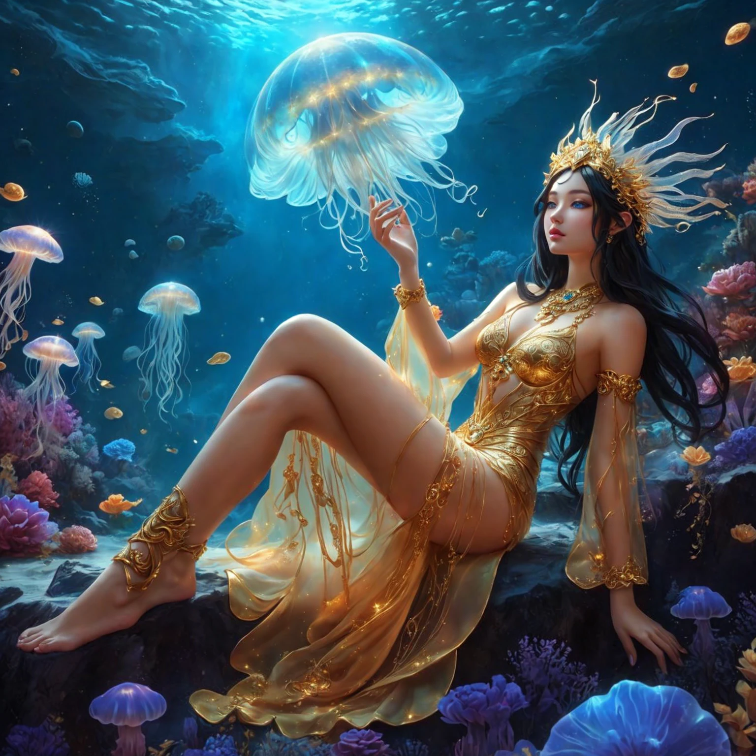 woman , sea blue eyes , pink mouth ,Dressed in gold, standing in front of a crescent moon., goddess of heaven, goddess of the moon, anime goddess, beautiful heavenly mage, lunar goddess, Moon Goddess, Golden Lotus Princess, Goddess of the Galaxy, Beautiful Fantasy Empress, ((Beautiful Fantasy Empress)), Goddess and Moon, As the sun goddess,, Goddess of space and time , jellyfish , Fine gold jewelry