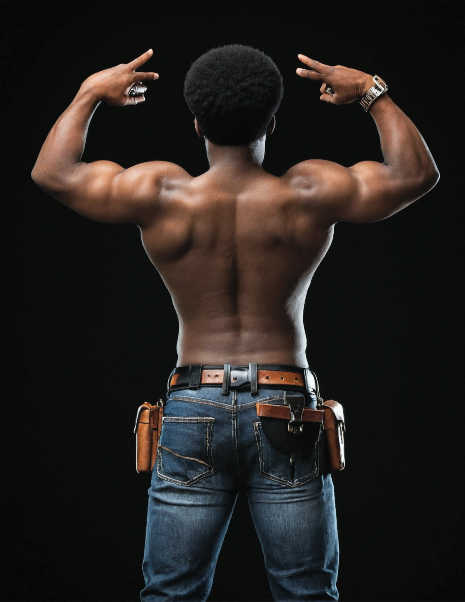 afro man, black back turned, back turned, shirtless, looks at the ground, wears jeans with a belt, jeans with a belt, hands up with weapons in hands, black photo background, black background, black, black background, black background, black background