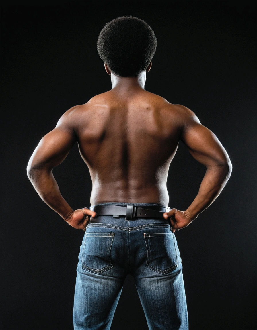afro man, black back turned, back turned, shirtless, looks at the ground, wears jeans with a belt, jeans with a belt, hands up with weapons in hands, black photo background, black background, black, black background, black background, black background