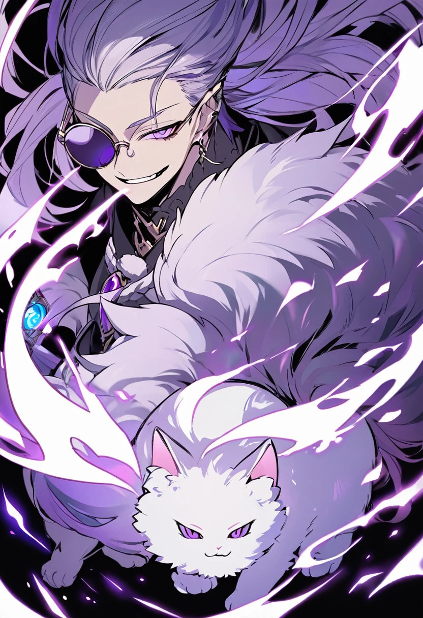 Kato - 400 y.o. familiar. Kato is a familiar - magical animal, that can use magic for his own protection and safety. He represents himself in a vision of a small white cat with fluffy fur and a slight purple colour around it, usually wearing round black sunglasses and smirking to anyone who could see him. His powers shows in ability to cast a special kind of cursed flames, coloured in purple.