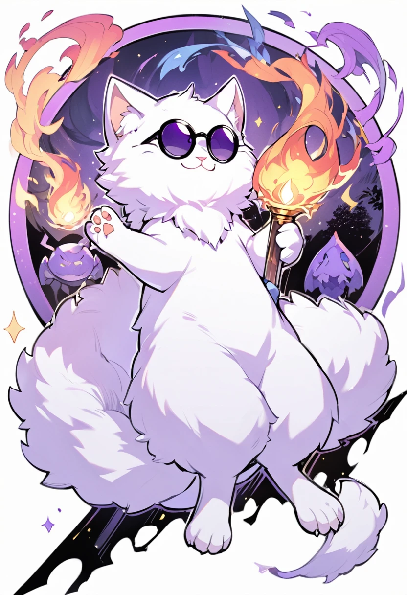 Kato - 400 y.o. familiar. Kato is a familiar - magical animal, that can use magic for his own protection and safety. He represents himself in a vision of a small white cat with fluffy fur and a slight purple colour around it, usually wearing round black sunglasses and smirking to anyone who could see him. His powers shows in ability to cast a special kind of cursed flames, coloured in purple.