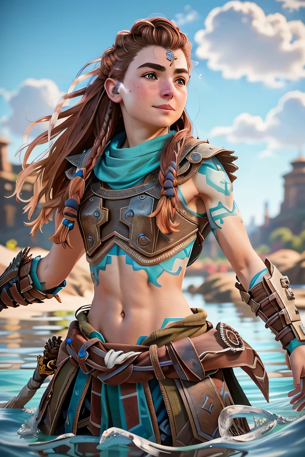 (masterpiece, best quality)
1girl, AloyHorizon, solo, long hair, smile, brown hair, hair ornament, navel, brown eyes, weapon, braid, outdoors, parted lips, sky, day, midriff, sword, cloud, red hair, water, from behind, armor, blue sky, lips, looking to the side, tattoo, ocean, looking away, thick eyebrows, shoulder armor, sheath, rope, freckles, hand in own hair, rock, realistic, nose, dreadlocks

