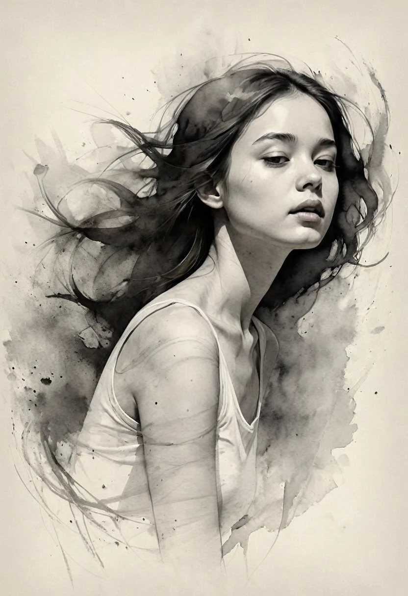 (best quality, highres, masterpiece:1.2), ultra-detailed, realistic:1.37, black ink sketches, smooth lines, expressive facial expressions and postures, minimalistic background, emphasis on light and shadow and spatial perception, abundant negative space, young girl.ink portrait,smooth flowing lines,expressive facial features,delicate emotions,contrast of ink intensity,simple background,emphasis on light and shadow,spaciousness,abundant negative space,peaceful ambiance,serene atmosphere,dreamy mood,subtle yet captivating details,subdued colors,calm and introspective,graceful posture,gentle movements,tender and innocent,whisper of elegance,quiet elegance,radiant glow,sublime beauty,vector illustration,black and white,natural and organic,nurturing and calming,sublime simplicity,ethereal charm.