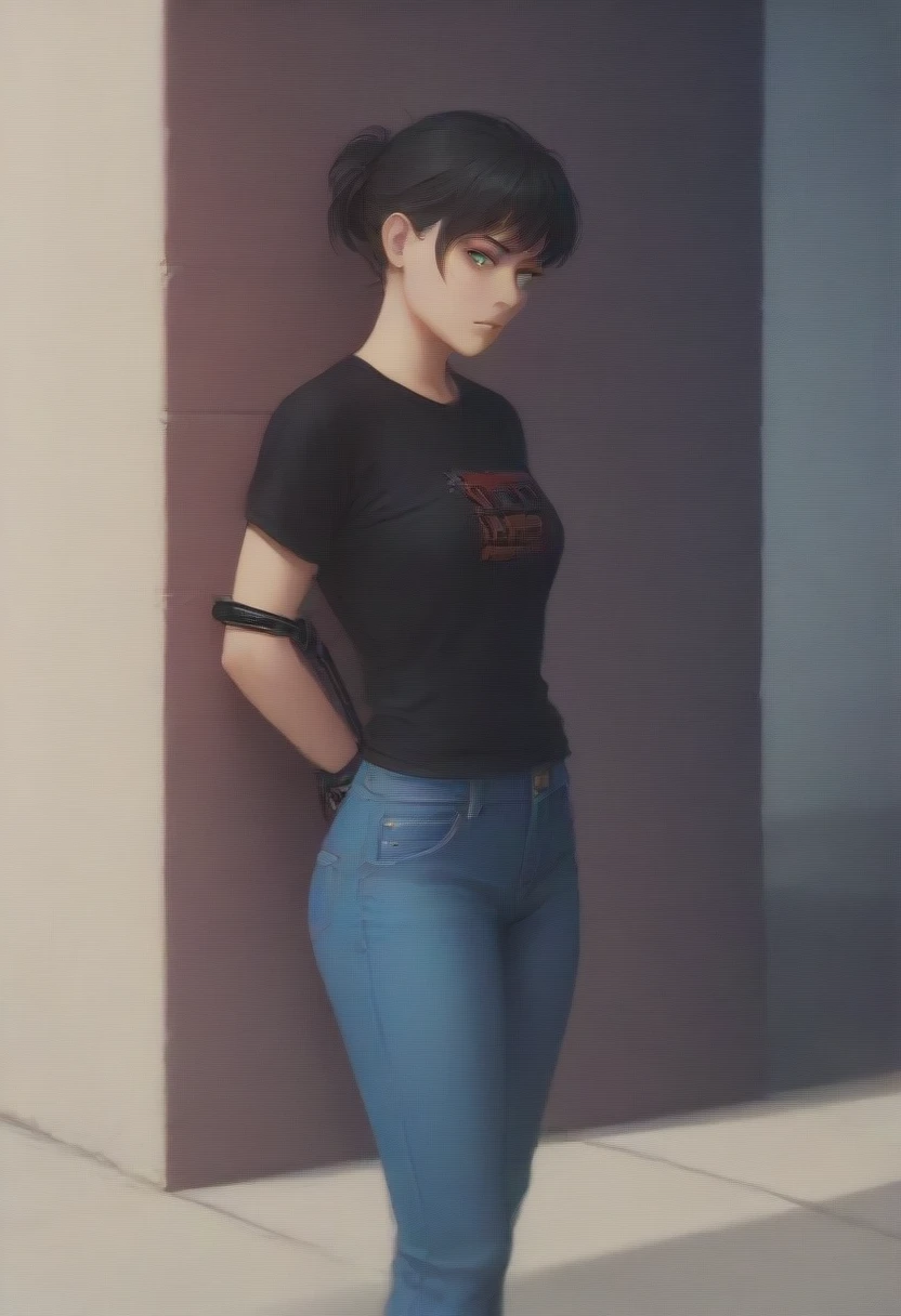 Masterpiece , highly detailed , best quality , perfect face , green eyes , fubuki , wearing black leather jacket over short sleeves red printed t-shirt and blue jeans , in city , arms bound behind back   , looking at camera , standing still 