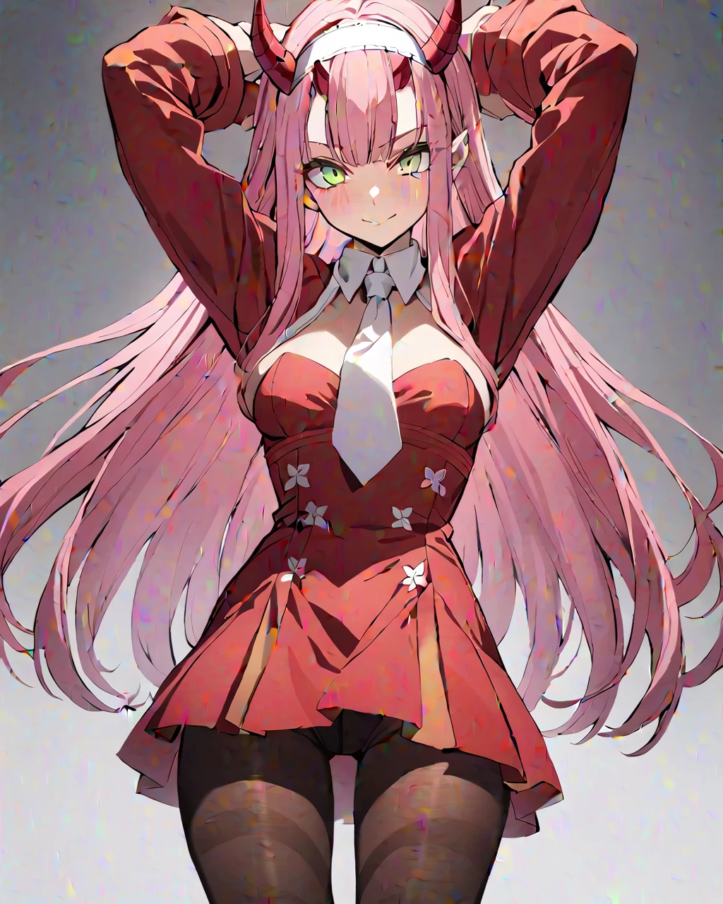 masterpiece, best qualityï¼ 1girl, solo, kanroji\(Demon_slayer\), long_hair, horns, pink_hair, pantyhose, breasts, hairband, smile, looking_at_viewer, black_pantyhose, medium_breasts, white_hairband, simple_background, arms_behind_head, arms_up, bangs, green_eyes, dress, closed_mouth, red_horns, uniform, red_dress, very_long_hair, straight_hair, standing, necktie