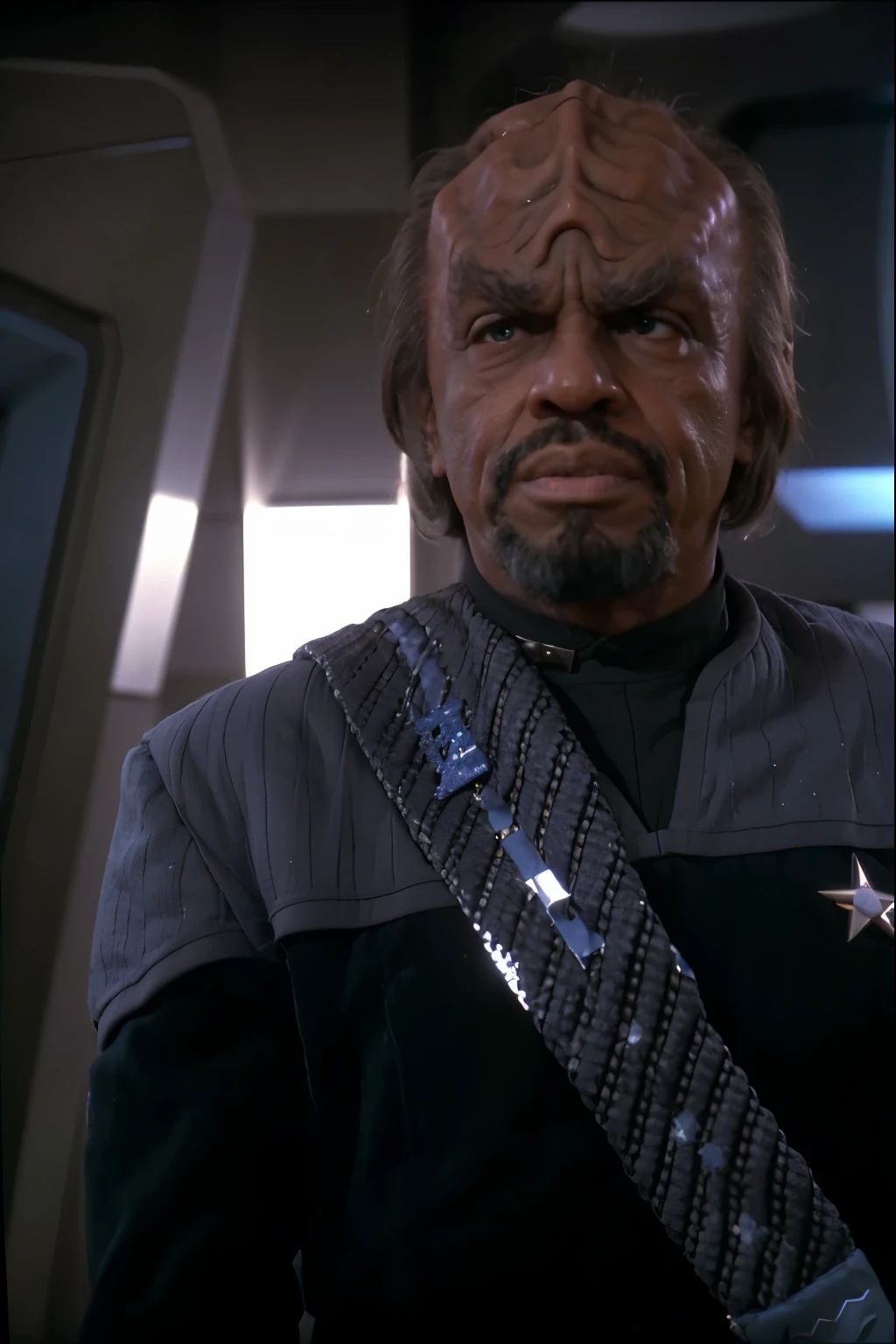 headshot of a klingon man, forehead ridge, thick eyebrows, dark skin, wearing black and blue ds9st uniform,  (blue collar:1.1), sash, sci-fi starship background, 