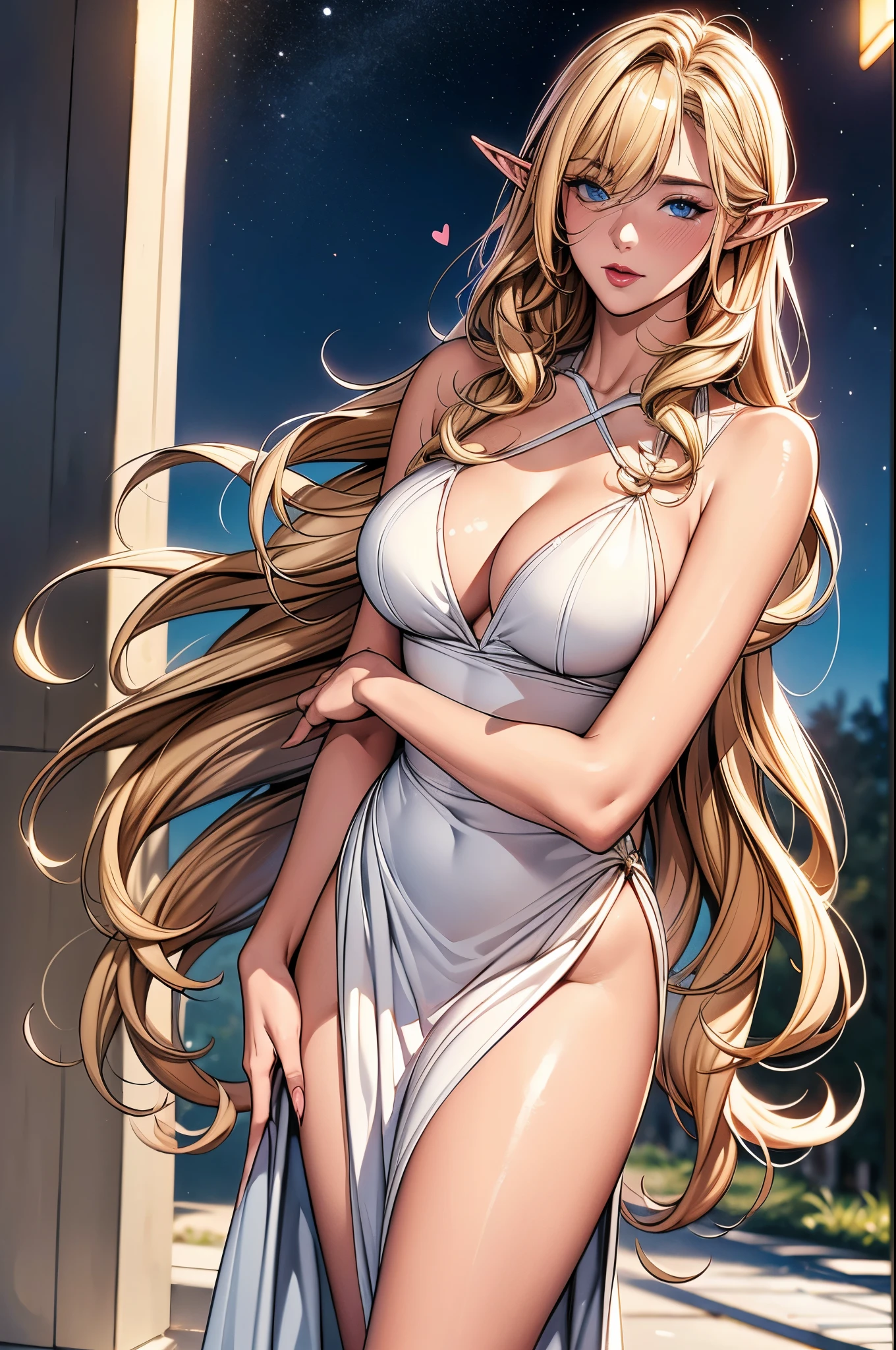 1 elf girl, one person solo, (beautiful elf lady in loving), (honey blonde hair), (absurdly long wavy hair), hair strand, long bangs, shiny hair, (symphony blue eyes), high-detailed and delicate eyes, (colourful eyes makeup, red lips), ultra detailed facial, upturned elf ears, porcelain skin, warm tone skin, little blush, whole body, extreme detailed, break, 
  Extra long pink white detailed classic dress, classic and simple clothing, (several heart swirl around the body), ( _give heart:1.4
), hands heart, break, 
  Walking on the street, in the cyberpunk future city, old street, starry night sky, meteor, cloud, neon, pink heart, detailed background, break, 
  Full body, photography art, shallow depth of field, 8K photo, chiaroscuro, sparkle, Volumetric lighting, Edge lighting, studio
 lighting, cinematic lighting, break,
  Loving theme anime illustration, (the art of crossover ancient with future sytle), realism anime, イーブイの絵, best quality, 8K quality, 8K detail, masterpiece, highres, CG unity, 