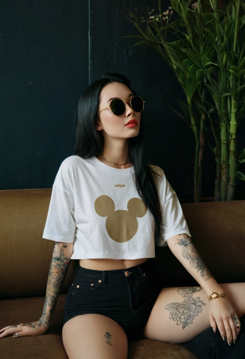 [[highly detailed face]], [[goddess face]], 90s, young woman, dynamic pose, An Yakuza girl, oversized white Mickey Mouse t shirt and black denim pants, black sunglasses, gold necklaces, full body image, she is covered in tattoos, long black hair, lounging on a sofa, high quality images, unreal engine, perfect skin texture, goddess face, photo depth of field, shadows, grainy, seductive analog lofi (by Oleg Oprisco Laura Makabresku), dark wall, dimly lit, potted plant
